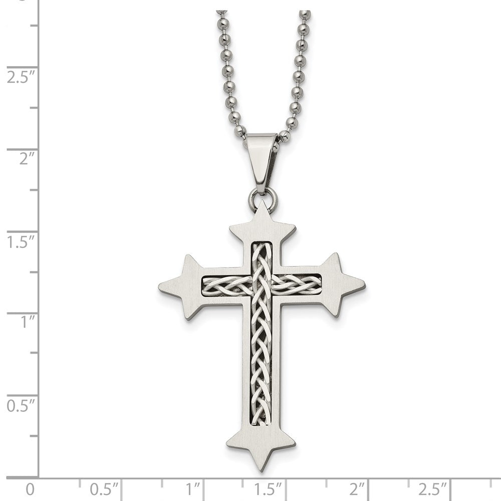 Edelstahl Chisel Gebürstet mit Geflochten Sterlingsilber Einlage Kreuz Anhänger auf A 24 Zoll Kugel Halskette