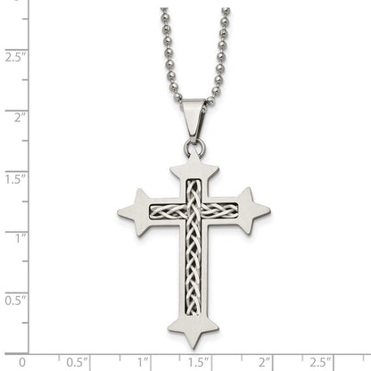 Edelstahl Chisel Gebürstet mit Geflochten Sterlingsilber Einlage Kreuz Anhänger auf A 24 Zoll Kugel Halskette