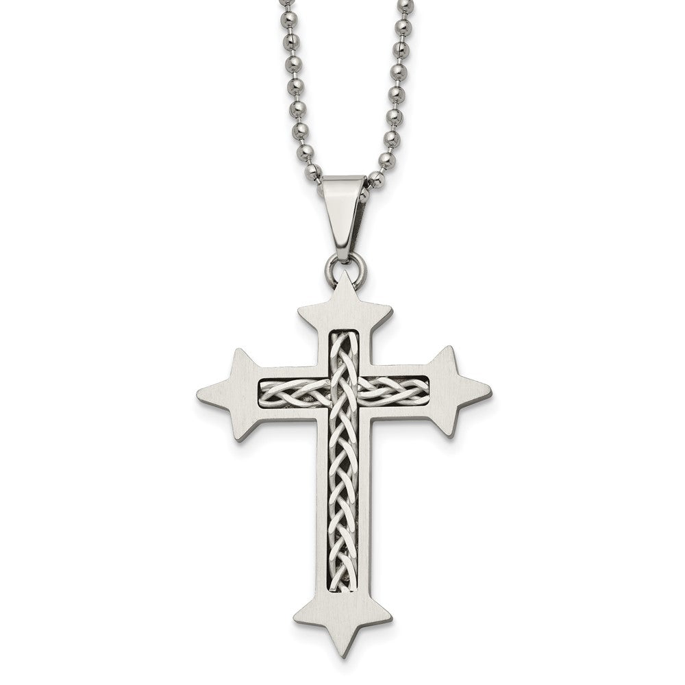 Edelstahl Chisel Gebürstet mit Geflochten Sterlingsilber Einlage Kreuz Anhänger auf A 24 Zoll Kugel Halskette