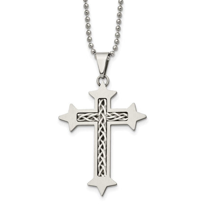 Edelstahl Chisel Gebürstet mit Geflochten Sterlingsilber Einlage Kreuz Anhänger auf A 24 Zoll Kugel Halskette