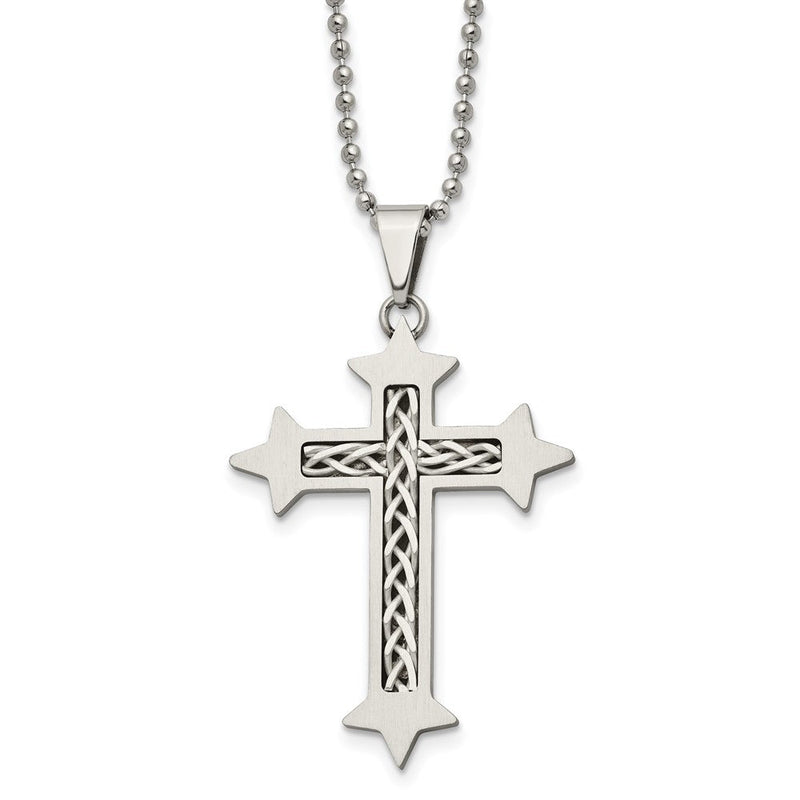 Edelstahl Chisel Gebürstet mit Geflochten Sterlingsilber Einlage Kreuz Anhänger auf A 24 Zoll Kugel Halskette
