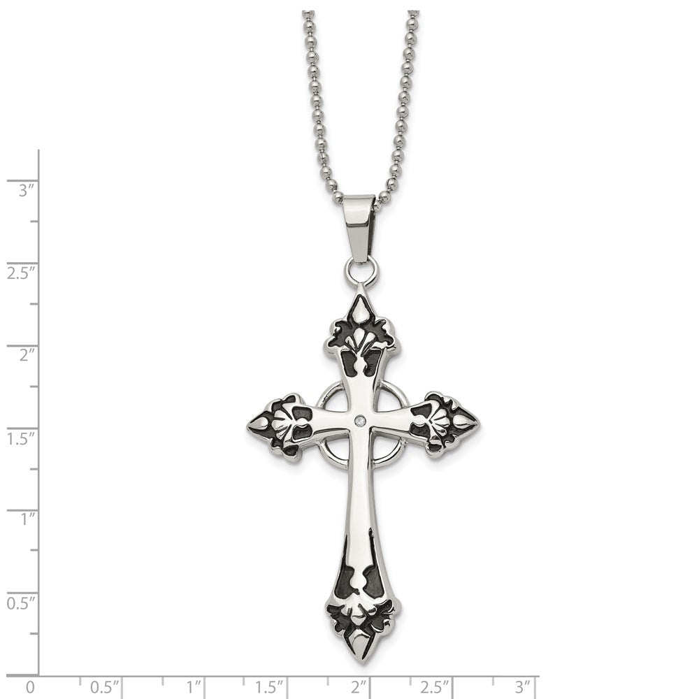 Edelstahl Chisel Poliert Emailliert Mit.01 Karat Diamant Kreuz Anhänger auf A 24 Zoll Kugel Halskette