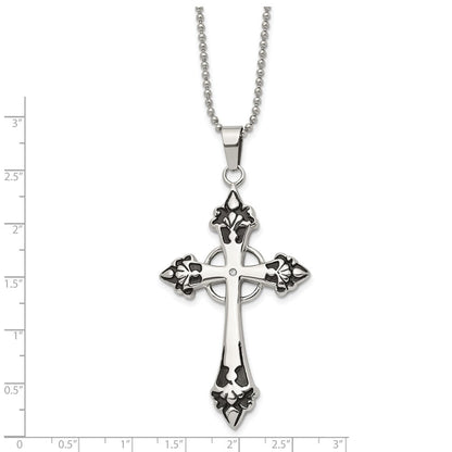 Edelstahl Chisel Poliert Emailliert Mit.01 Karat Diamant Kreuz Anhänger auf A 24 Zoll Kugel Halskette