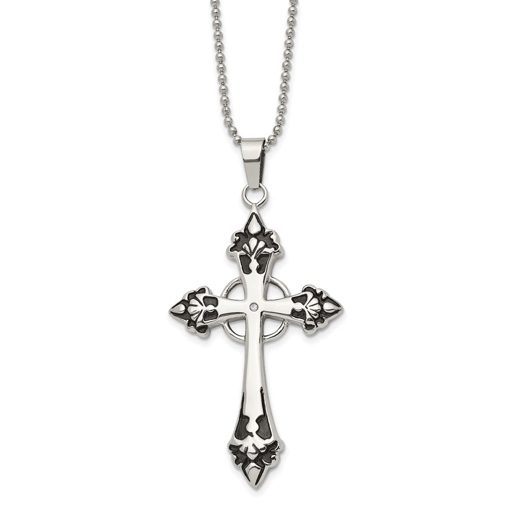 Edelstahl Chisel Poliert Emailliert Mit.01 Karat Diamant Kreuz Anhänger auf A 24 Zoll Kugel Halskette
