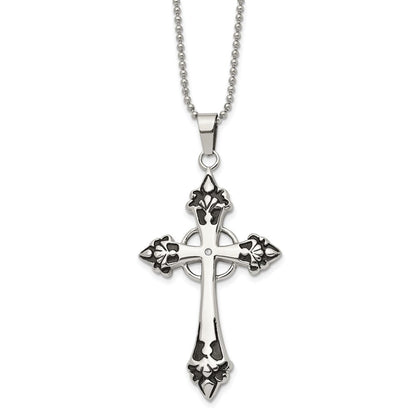Edelstahl Chisel Poliert Emailliert Mit.01 Karat Diamant Kreuz Anhänger auf A 24 Zoll Kugel Halskette
