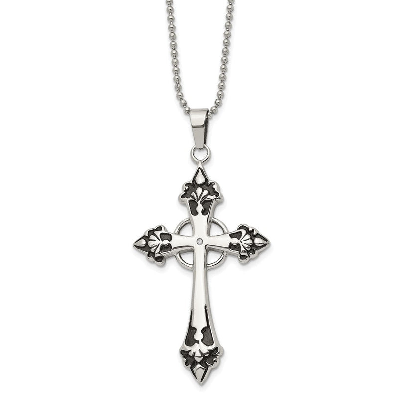 Edelstahl Chisel Poliert Emailliert Mit.01 Karat Diamant Kreuz Anhänger auf A 24 Zoll Kugel Halskette