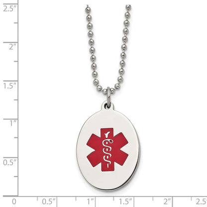 22 Zoll Chisel Edelstahl Poliert mit Rot Emaille Oval Medizinisch Id Anhänger auf A 24 Kugel Halskette