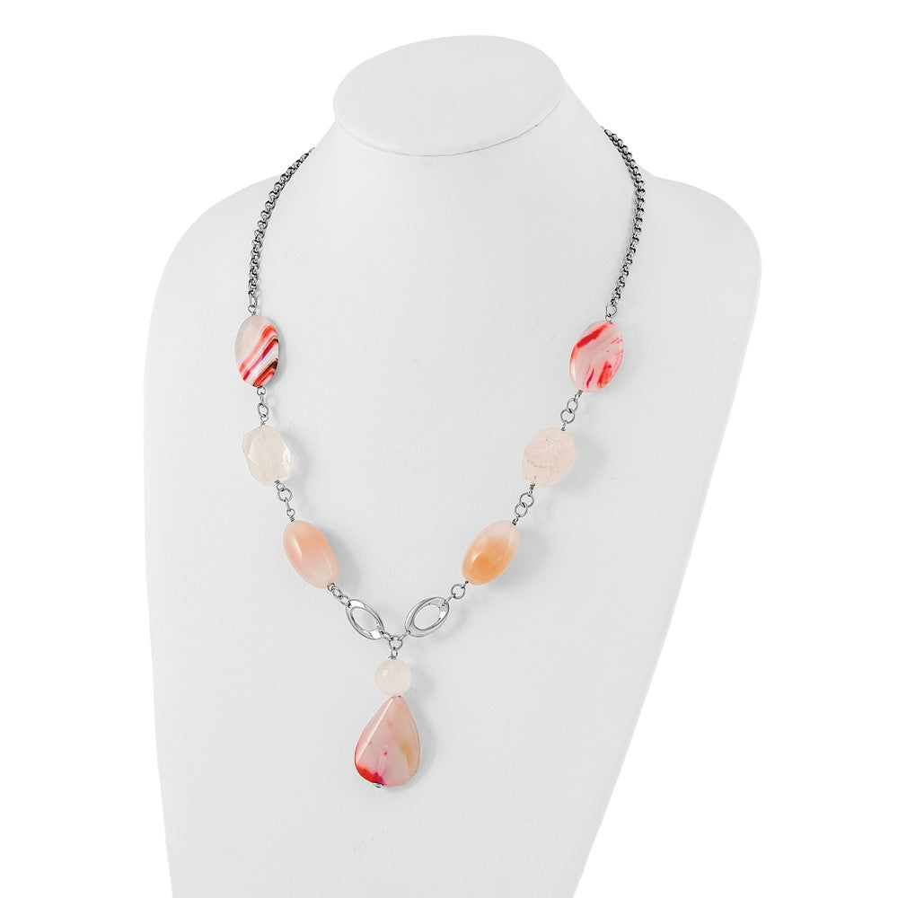Edelstahl Fantasie Rosa Quarz & Achat mit 2 in Verlängerung. Tropfen Halskette