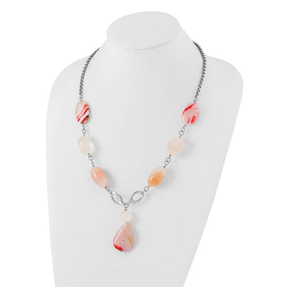Edelstahl Fantasie Rosa Quarz & Achat mit 2 in Verlängerung. Tropfen Halskette