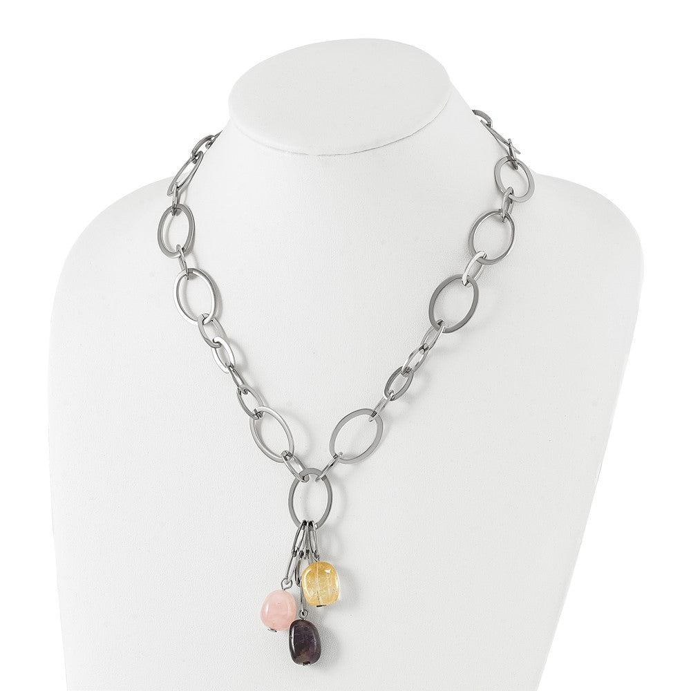 Edelstahl Citrin Amethyst & Rose Quarz mit 2 in Verlängerung Glieder Halskette
