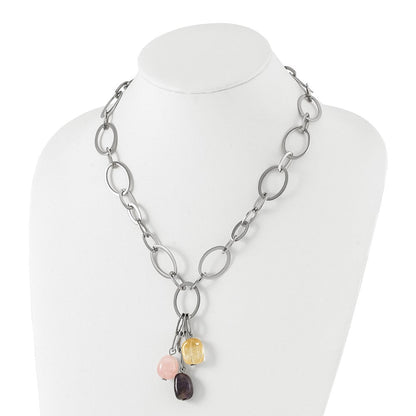 Edelstahl Citrin Amethyst & Rose Quarz mit 2 in Verlängerung Glieder Halskette