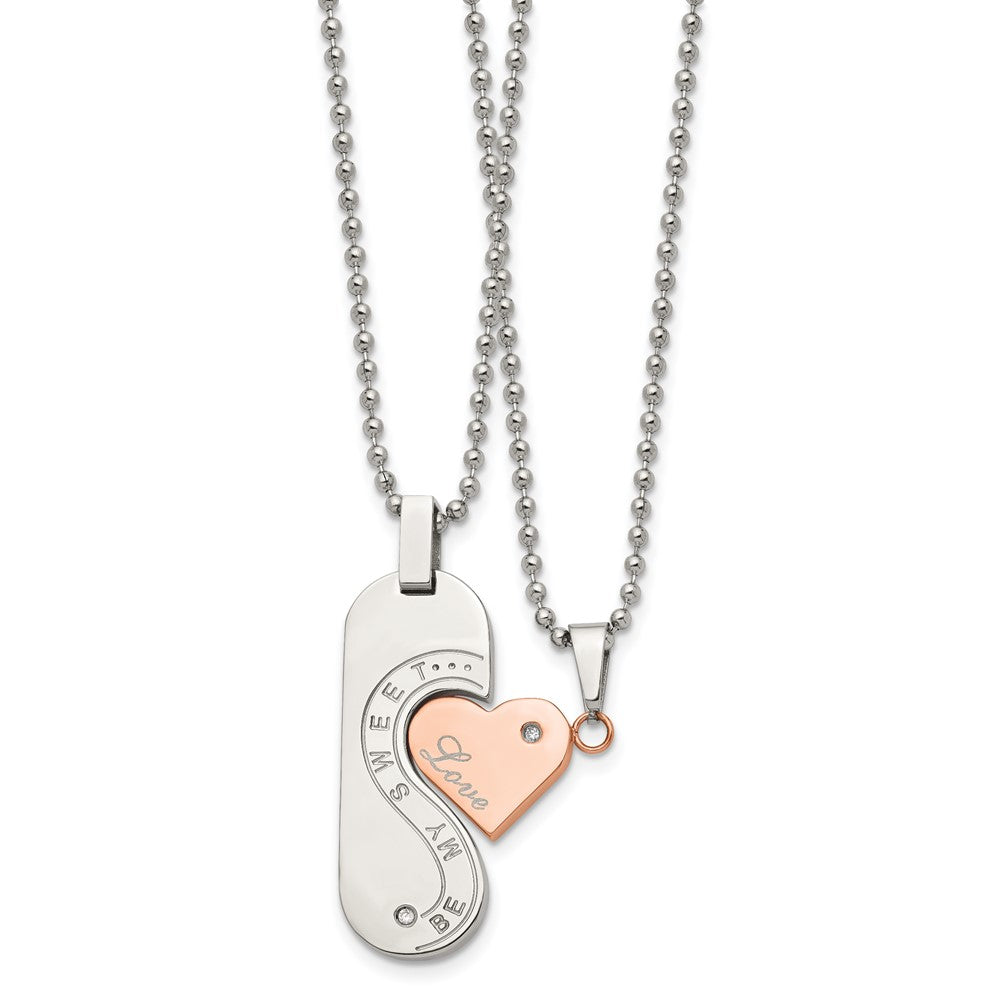 Edelstahl Chisel Poliert Rose Ip-beschichtet mit Zirkonia Herz Pendants auf 22 Zoll Kugel Halskette Set