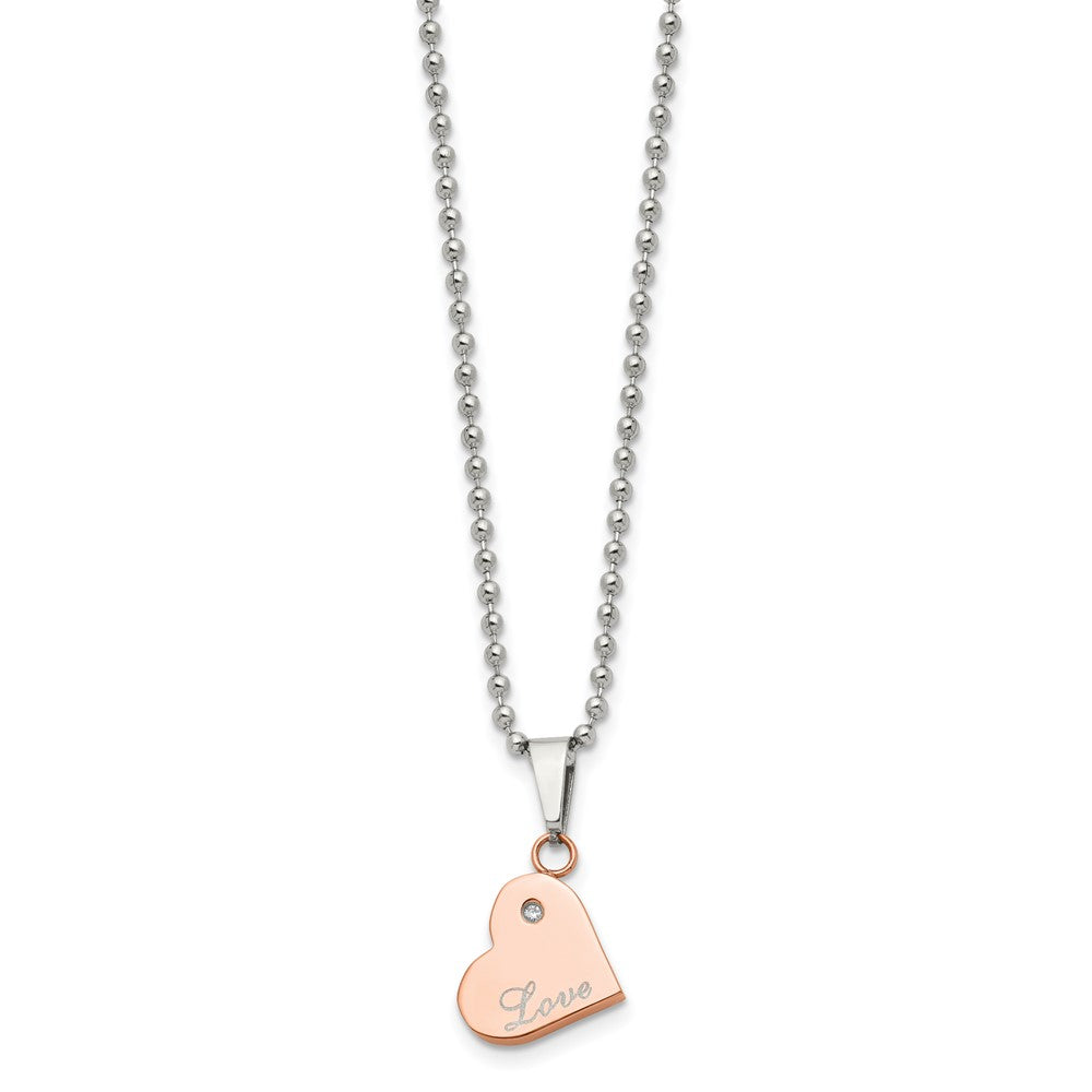 Edelstahl Chisel Poliert Rose Ip-beschichtet mit Zirkonia Herz Pendants auf 22 Zoll Kugel Halskette Set
