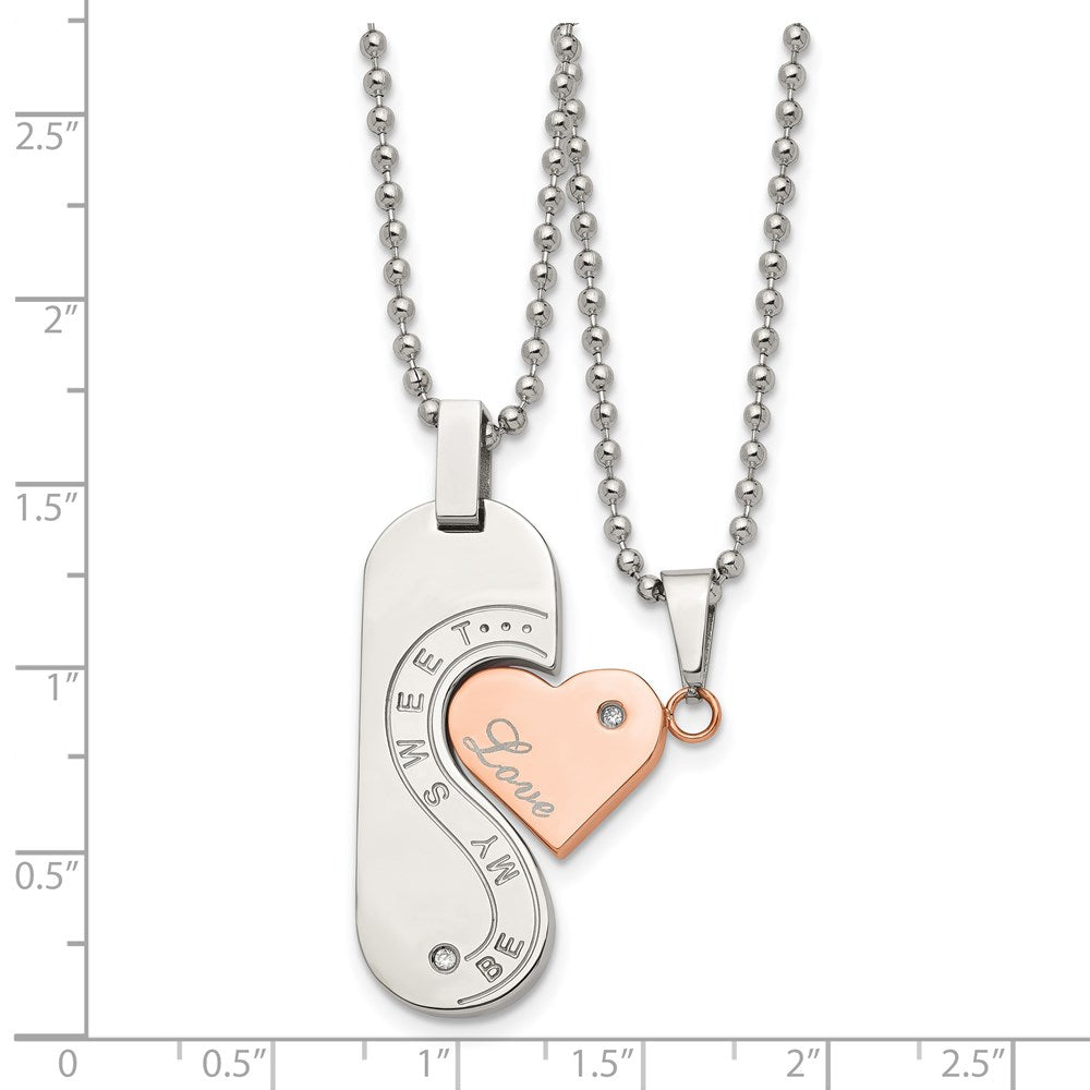Edelstahl Chisel Poliert Rose Ip-beschichtet mit Zirkonia Herz Pendants auf 22 Zoll Kugel Halskette Set