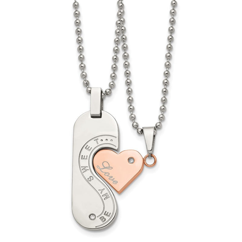 Edelstahl Chisel Poliert Rose Ip-beschichtet mit Zirkonia Herz Pendants auf 22 Zoll Kugel Halskette Set