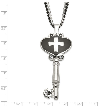 Edelstahl Schwarz Emaille Poliert Zirkonia Herz Kreuz Key Halskette