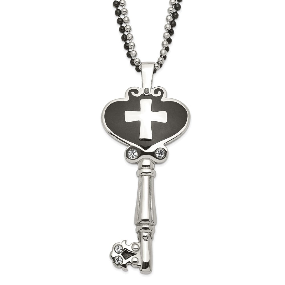 Edelstahl Schwarz Emaille Poliert Zirkonia Herz Kreuz Key Halskette