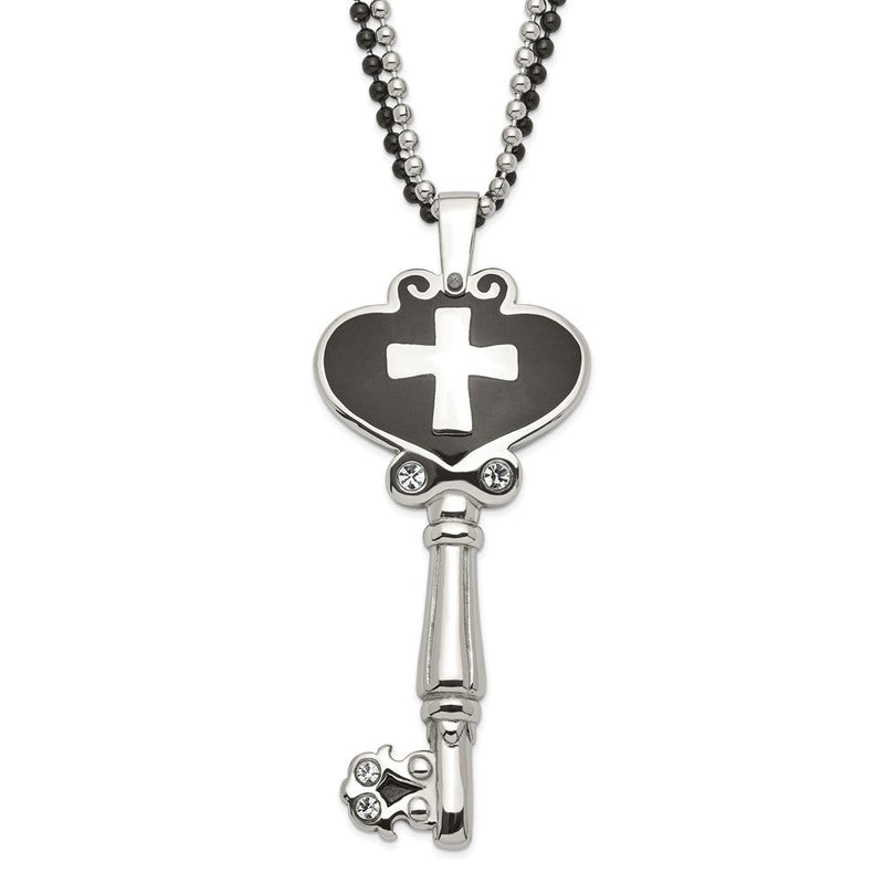 Edelstahl Schwarz Emaille Poliert Zirkonia Herz Kreuz Key Halskette