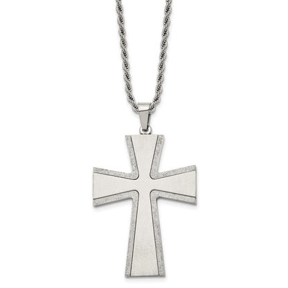 Edelstahl Chisel Gebürstet mit Lasergraviert-cut Edges Kreuz Anhänger auf A 24 Zoll Kordel Halskette