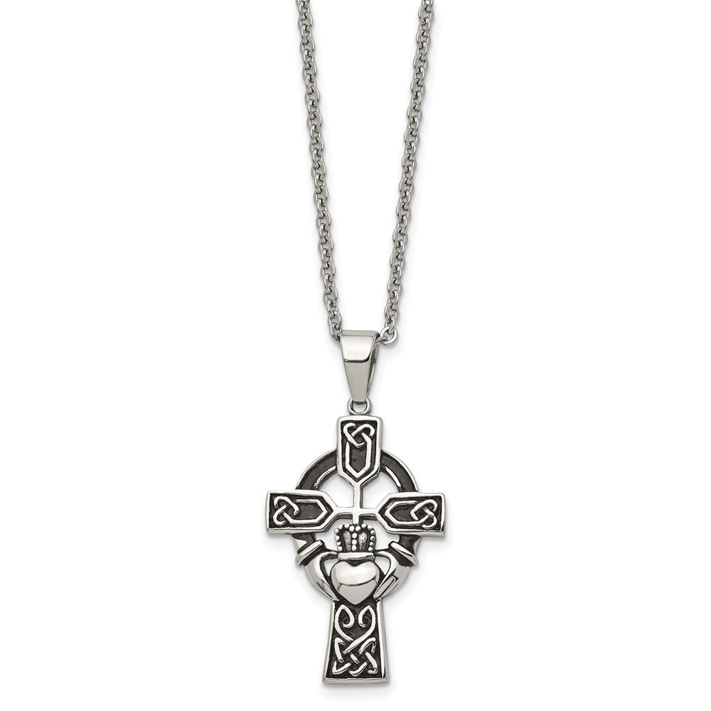 Edelstahl Chisel Antikisiert und Poliert Claddagh Kreuz Anhänger auf A 20 Zoll Ankerkette Halskette