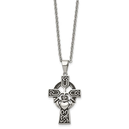 Edelstahl Chisel Antikisiert und Poliert Claddagh Kreuz Anhänger auf A 20 Zoll Ankerkette Halskette