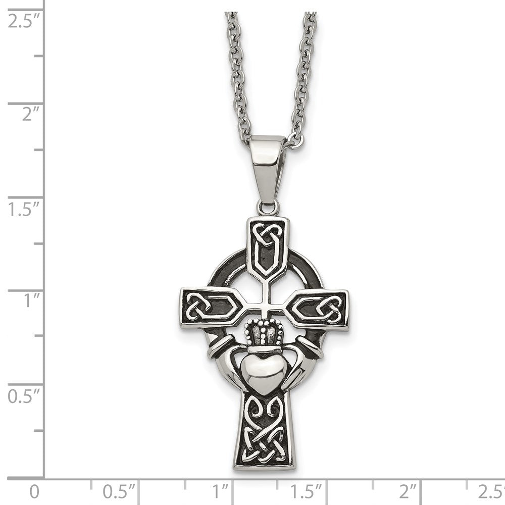 Edelstahl Chisel Antikisiert und Poliert Claddagh Kreuz Anhänger auf A 20 Zoll Ankerkette Halskette