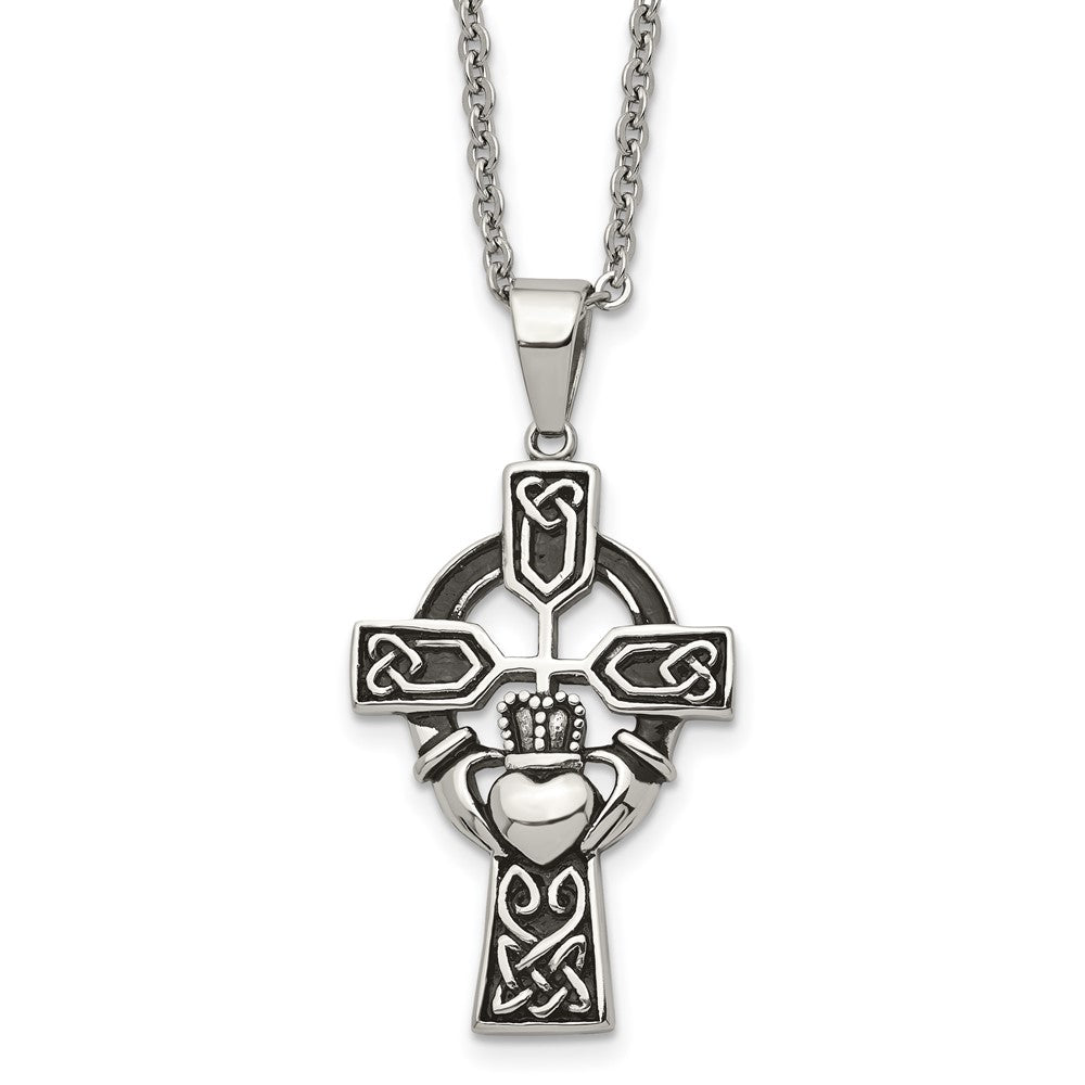 Edelstahl Chisel Antikisiert und Poliert Claddagh Kreuz Anhänger auf A 20 Zoll Ankerkette Halskette
