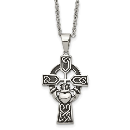 Edelstahl Chisel Antikisiert und Poliert Claddagh Kreuz Anhänger auf A 20 Zoll Ankerkette Halskette