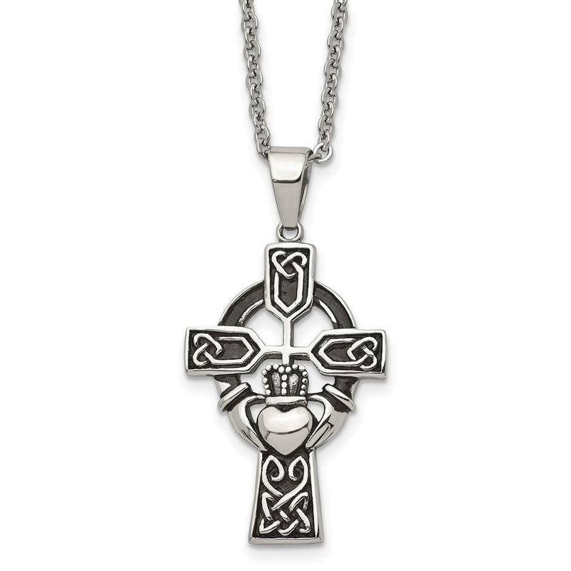 Edelstahl Chisel Antikisiert und Poliert Claddagh Kreuz Anhänger auf A 20 Zoll Ankerkette Halskette