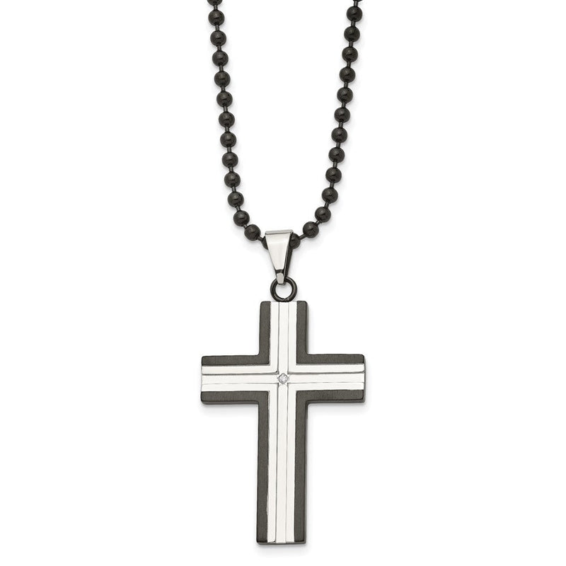 Edelstahl Chisel Poliert Schwarz Ip-beschichtet Edges mit Zirkonia Kreuz Anhänger auf A 30 Zoll Kugel Halskette