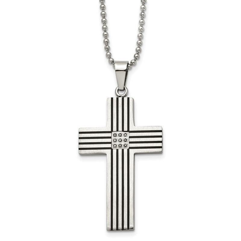 Edelstahl Chisel Poliert Schwarz Ip-beschichtet 1/20 Karat Diamant Striped Kreuz Anhänger auf A 22 Zoll Kugel Halskette