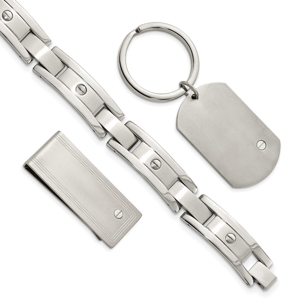 Edelstahl Chisel Gebürstet und Poliert 8.25 Zoll Armband, Geldklammer Key Ring Set