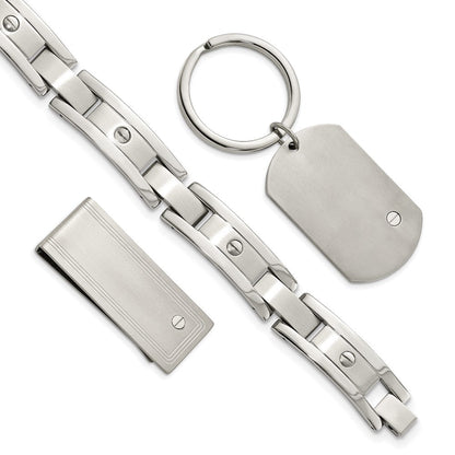 Edelstahl Chisel Gebürstet und Poliert 8.25 Zoll Armband, Geldklammer Key Ring Set
