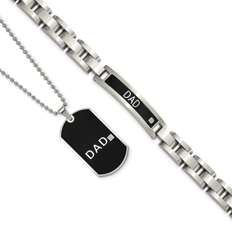 Edelstahl Chisel Gebürstet Schwarz Ip-beschichtet mit Zirkonia Dad 8.75 Zoll Armband und 24 Halskette Set