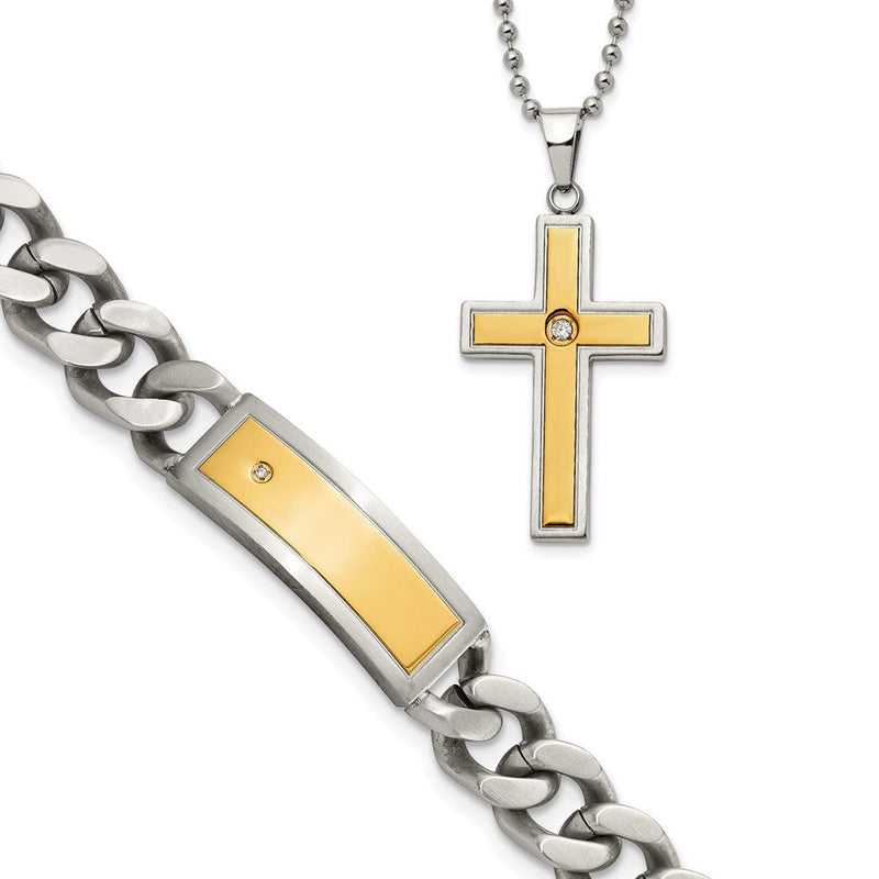 Edelstahl Chisel Poliert und Matt Gelb Ip-beschichtet mit Zirkonia 24 Inchnecklace 8.5 Zoll Armband Set