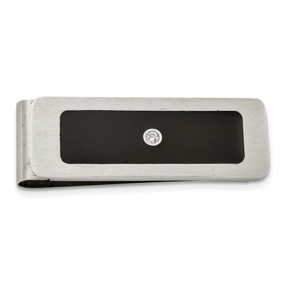 Edelstahl Chisel Gebürstet und Poliert Schwarz Emaille Zirkonia Key Ring, Geldklammer, Manschette Glieder Krawatten Stab Boxed Set