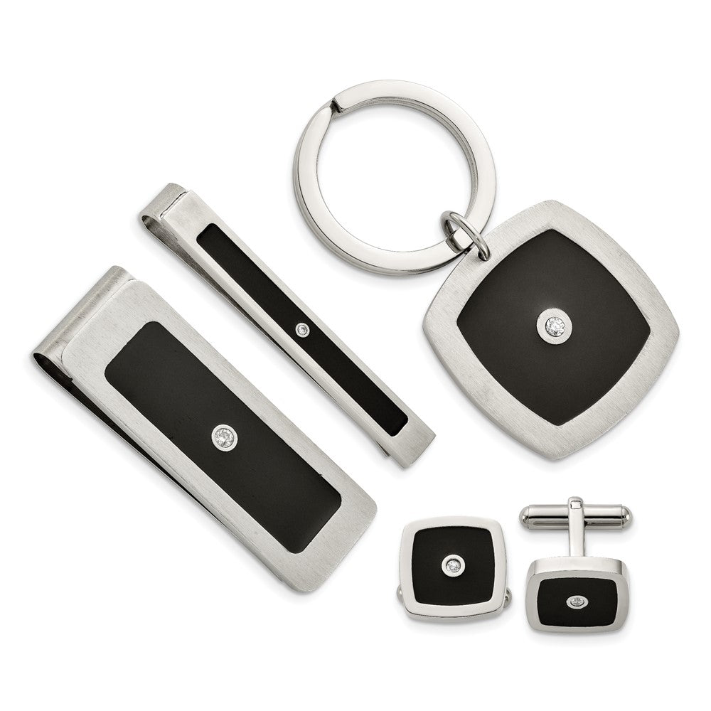 Edelstahl Chisel Gebürstet und Poliert Schwarz Emaille Zirkonia Key Ring, Geldklammer, Manschette Glieder Krawatten Stab Boxed Set