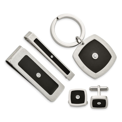 Edelstahl Chisel Gebürstet und Poliert Schwarz Emaille Zirkonia Key Ring, Geldklammer, Manschette Glieder Krawatten Stab Boxed Set