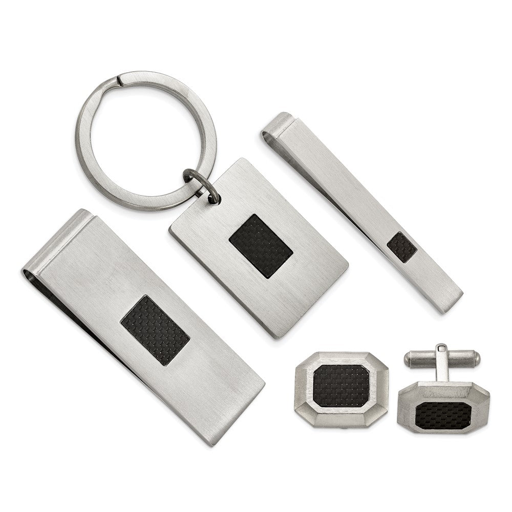 Edelstahl Chisel Gebürstet Schwarz Karbon Faser Einlage 4-piece Key Ring, Geldklammer, Manschette Glieder und Krawatten Stab Boxed Set