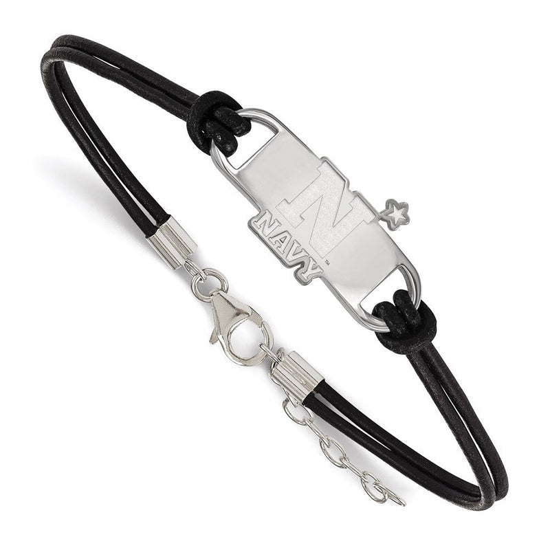 Sterlingsilber Rhodiniert Logoart Us Naval Akademie Klein Mittig Schwarz Leder 7 Zoll Armband mit Verlängerung