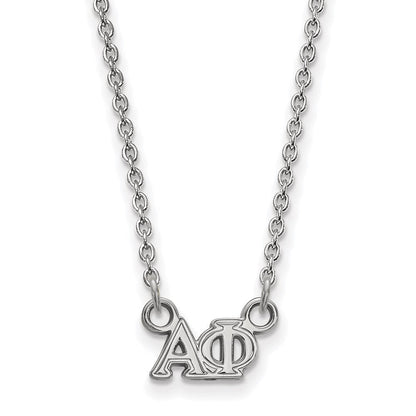 Sterlingsilber Rhodiniert Logoart Alpha Phi Sorority Greek Buchstaben Extra Klein Anhänger 18 Zoll Halskette