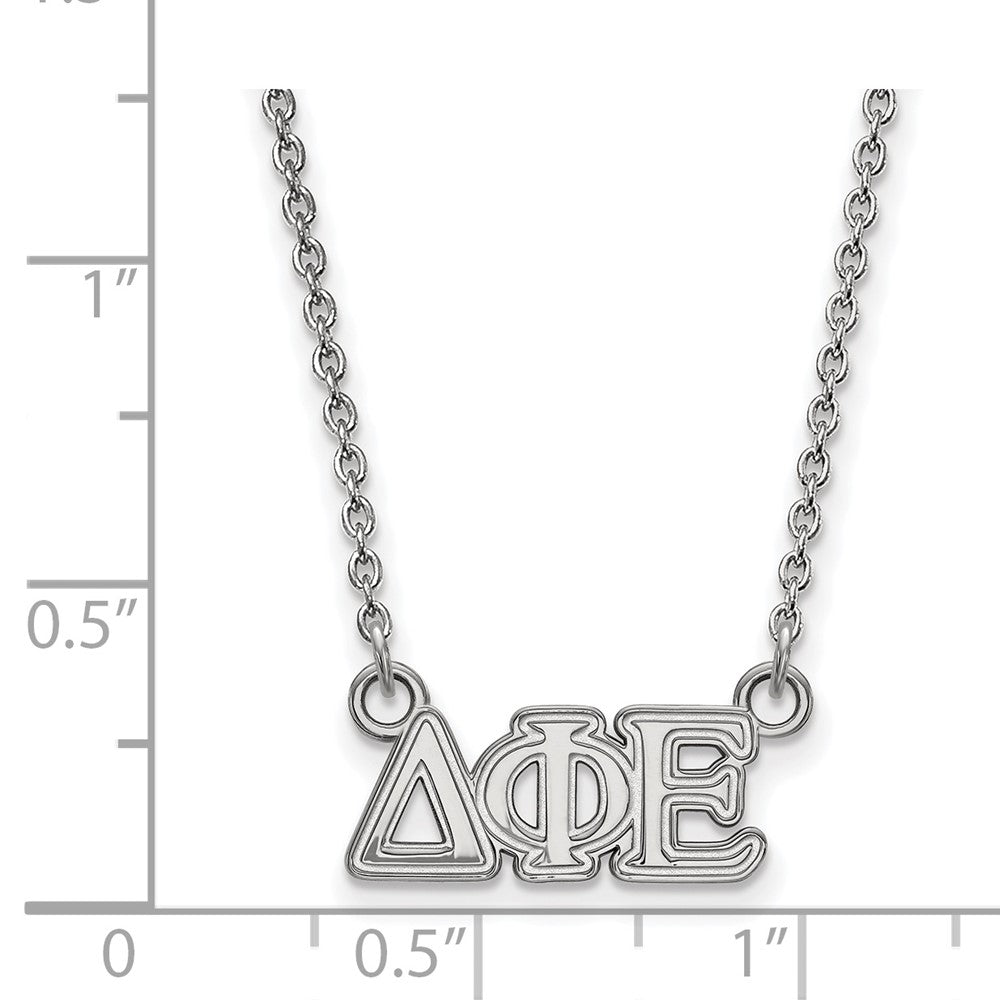 Sterlingsilber Rhodiniert Logoart Delta Phi Epsilon Sorority Greek Buchstaben Extra Klein Anhänger 18 Zoll Halskette