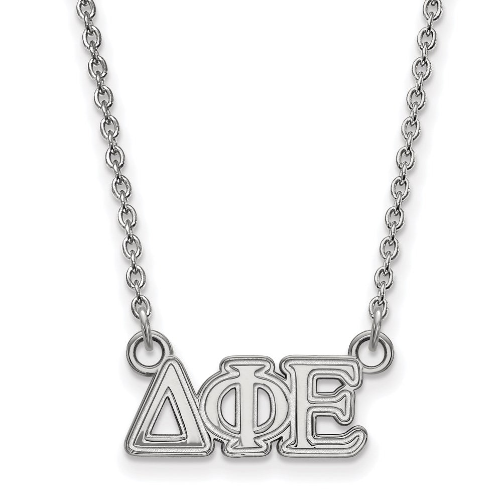 Sterlingsilber Rhodiniert Logoart Delta Phi Epsilon Sorority Greek Buchstaben Extra Klein Anhänger 18 Zoll Halskette