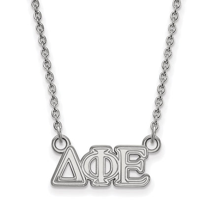 Sterlingsilber Rhodiniert Logoart Delta Phi Epsilon Sorority Greek Buchstaben Extra Klein Anhänger 18 Zoll Halskette