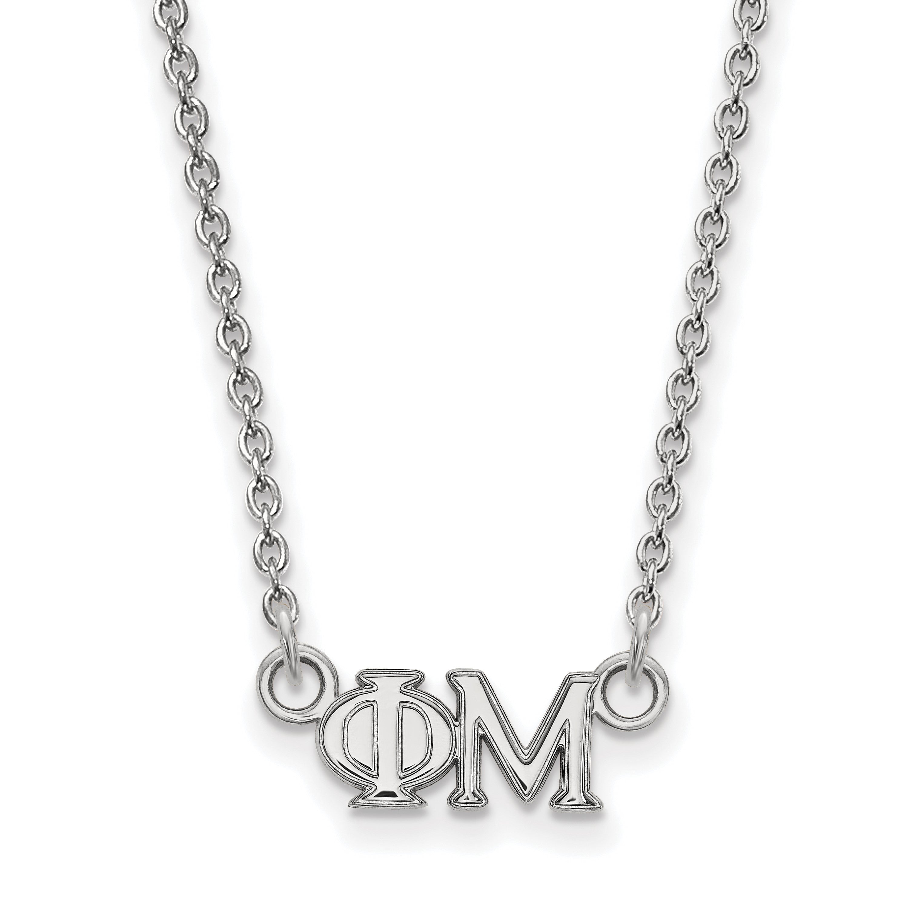 Sterlingsilber Rhodiniert Logoart Phi Mu Sorority Greek Buchstaben Extra Klein Anhänger 18 Zoll Halskette