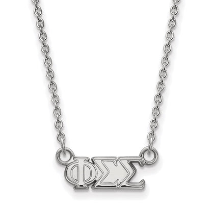 Sterlingsilber Rhodiniert Logoart Phi Sigma Sorority Greek Buchstaben Extra Klein Anhänger 18 Zoll Halskette