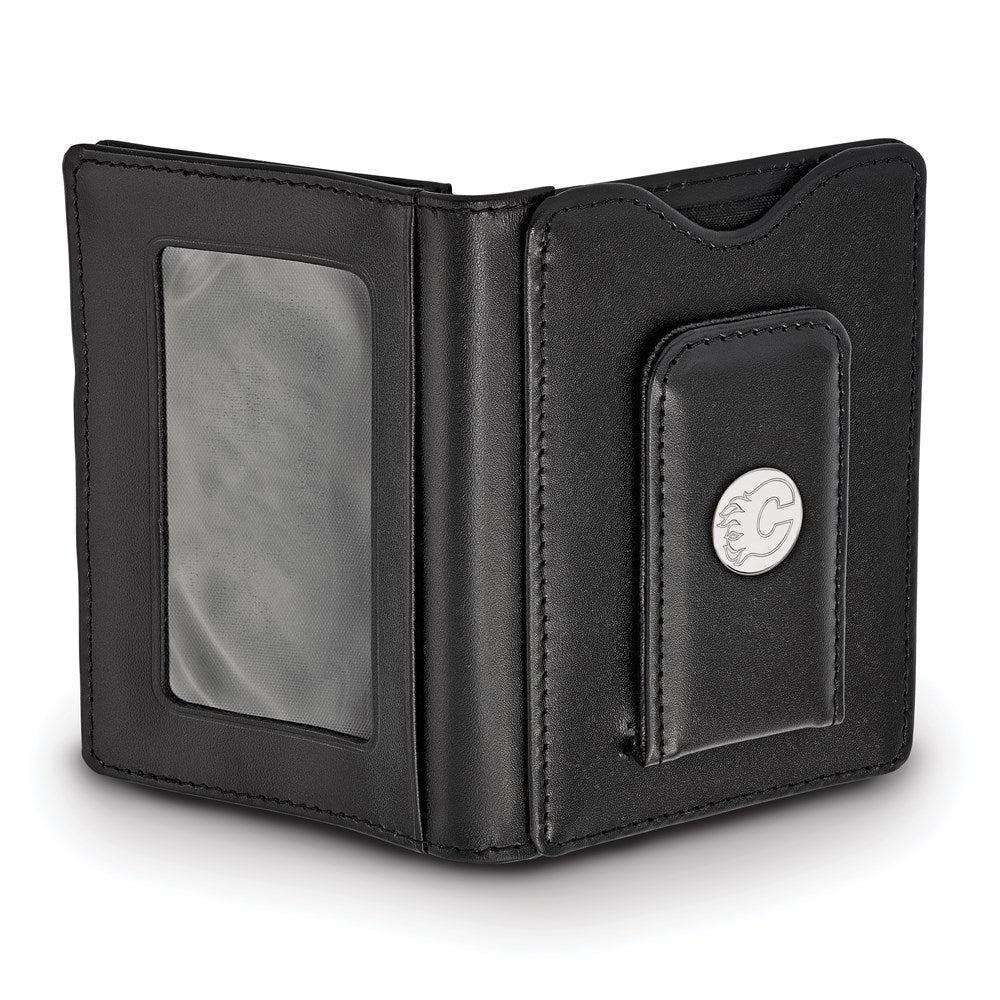 Sterlingsilber Rhodiniert Nhl Logoart Calgary Flames Schwarz Leder Wallet