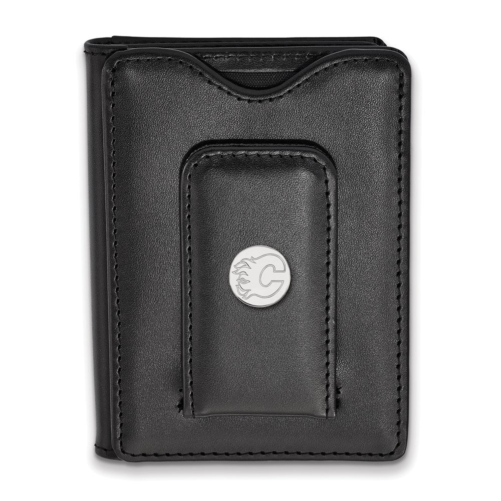 Sterlingsilber Rhodiniert Nhl Logoart Calgary Flames Schwarz Leder Wallet
