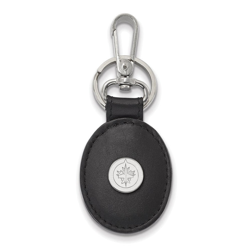 Sterlingsilber S. Rhodiniert-p Nhl Logoart Winnipeg Jets Schwarz Leder Oval Key Kette