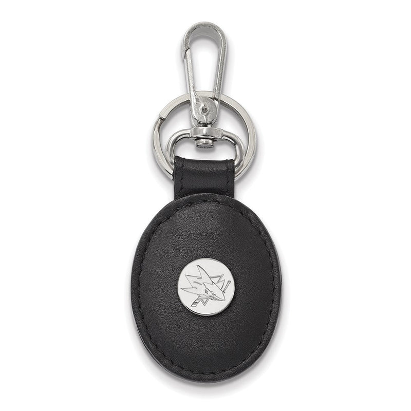Sterlingsilber S. Rhodiniert-p Nhl Logoart San Jose Sharks Schwarz Leder Oval Key Kette